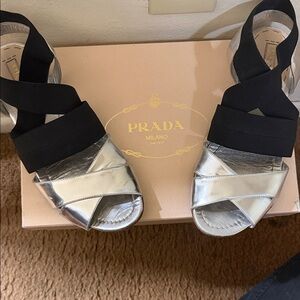 Prada Kids Metallic Silver and Black Sandals